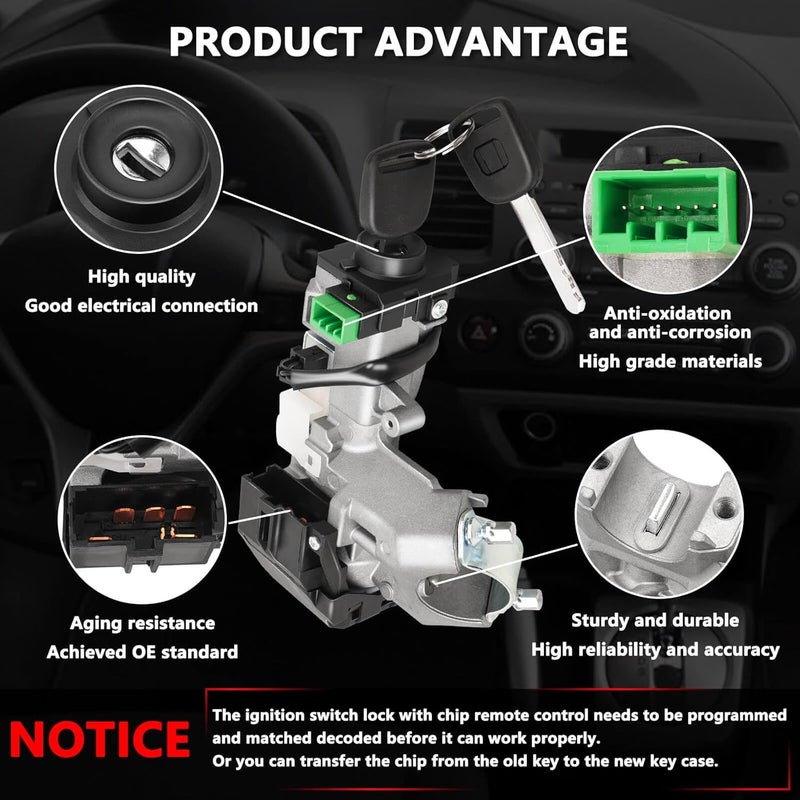 RAMATA Ignition Switch Lock Cylinder with Key (with Blank Chip) Compatible with 2003 2004 2005 Honda Civic 1.3L, 2001 2002 2003 2004 2005 Honda Civic 1.7L - Image 4